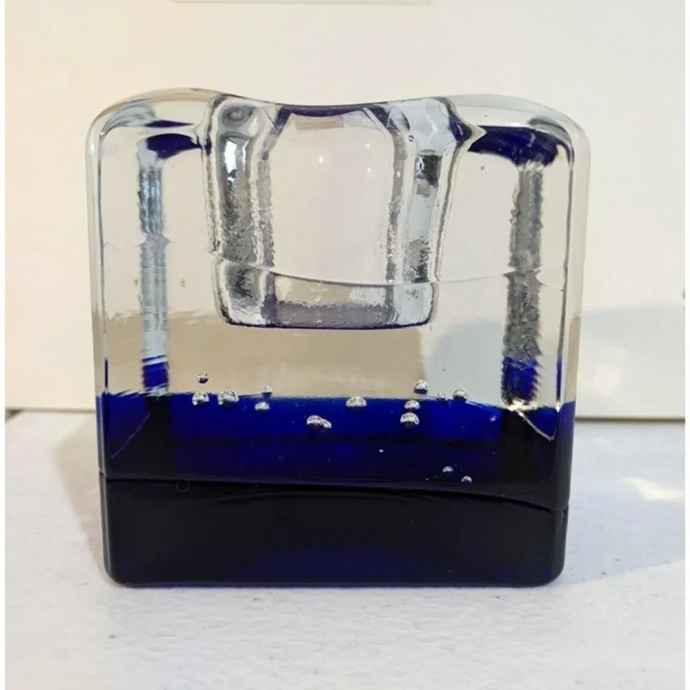 Heavy Art Glass Cobalt Blue Clear Votive Candle Holder Square Paper Clip Weight